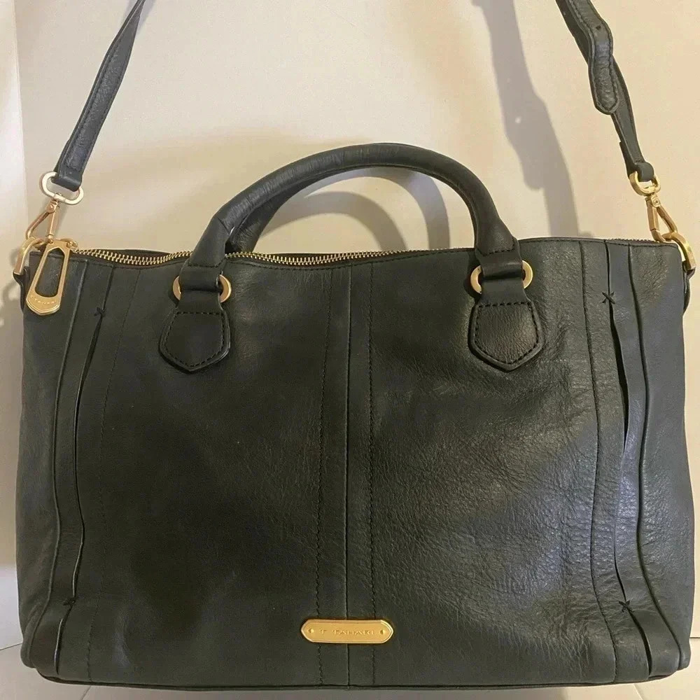 T Tahari black leather satchel handbag
